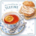  commentary_request cream cream_puff cup food food_focus fruit lemon lemon_slice may_illust5 original pastry saucer simple_background spoon tea teacup 
