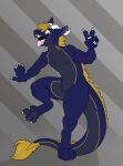  absurd_res anthro arch_(goodornot) blonde_hair blue_body blue_fur claws digitigrade dragon fur furred_dragon gesture hair hi_res looking_at_viewer male open_mouth simple_background solo stupidshepherd tongue tongue_out v_sign white_claws yellow_eyes 