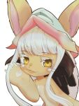  3_fingers brown_body brown_fur digital_media_(artwork) female fingers fur hair hi_res humanoid hunnylilbunny lagomorph leporid looking_at_viewer made_in_abyss mammal nanachi narehate rabbit simple_background smile solo white_hair yellow_eyes young 