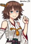 1girl brown_hair detached_sleeves flipped_hair grin hairband headgear hiei_(kancolle) hiei_kai_ni_(kancolle) highres japanese_clothes kantai_collection looking_at_viewer makun_dx one-hour_drawing_challenge ribbon-trimmed_sleeves ribbon_trim short_hair simple_background smile solo twitter_username upper_body white_background 