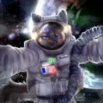  2022 absurd_res ambiguous_gender anthro astronaut black_nose blue_eyes blush brown_body brown_fur brown_hair brown_tail detailed_background digital_media_(artwork) facial_markings flashlight fur furgonomics hair head_markings herm_(lore) hi_res hose hyaenid life_support looking_at_viewer mammal markings muzzle_(marking) name_tag nonbinary_(lore) patch_(fabric) pink_tongue planet satellite shanmabe signature snout snout_markings solo space spacesuit spots spotted_body spotted_fur spotted_hyena spotted_markings teeth tongue tools trevor_pride_(knotfunny) 