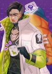  1boy 1girl absurdres apex_legends back-to-back black_gloves black_hair black_shirt blonde_hair blue_headwear collarbone crypto_(apex_legends) cup gloves green_vest highres holding holding_cup hood hooded_jacket jacket jewelry looking_down mug necklace nessie_(respawn) orange_jacket parted_lips shaded_face shirt speech_bubble spoken_squiggle squiggle tabiiii undercut vest wattson_(apex_legends) 