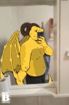  anthro bathroom cellphone chubby_male dragon draw_over horn lizard male mirror mr.brapion phone photo reptile scalie smartphone solo yellow_body 