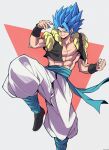 1boy abs bangs black_wristband blue_eyes blue_hair commentary_request dragon_ball dragon_ball_super fighting_stance fingernails fusion highres looking_at_viewer metamoran_vest muscular muscular_male open_mouth sash smug solo spiked_hair standing standing_on_one_leg tsuki_0960 twitter_username 