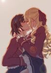  2girls blonde_hair blurry bokeh brown_hair claire_francois closed_eyes commentary_request depth_of_field drill_hair hair_ribbon hand_under_clothes hand_under_skirt highres kiss long_hair multiple_girls red_ribbon rei_taylor ribbon samizu_aya school_uniform short_hair watashi_no_oshi_wa_akuyaku_reijou yuri 