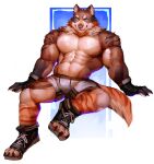  absurd_res anthro bottomwear bulge canid canine canis clothing coyote coywolf footwear good_boy hi_res hybrid looking_at_viewer male mammal muscular o_reowoof pecs pylon(dangerpylons) shorts smile smirk solo solo_focus wolf 