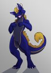  anthro arch_(goodornot) blonde_hair blue_body blue_fur digitigrade dragon eyes_closed fur furred_dragon hair hi_res male simple_background solo stupidshepherd tongue tongue_out yellow_eyes 