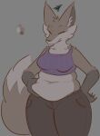  anthro belly belly_grab biped bottomwear bra canid canine clothing denim denim_clothing dipstick_tail female fox grey_background hi_res jeans mammal markings muffin_top navel overweight overweight_female pants simple_background solo sports_bra tail_markings trisha_fox_(zzx) underwear wide_hips zzx 