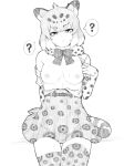  1girl ? animal_ear_fluff animal_ears bangs bow bowtie breasts commentary_request cowboy_shot deku_suke fur_collar greyscale hair_between_eyes highres jaguar_(kemono_friends) jaguar_print kemono_friends looking_at_viewer medium_breasts monochrome nipples no_bra off_shoulder open_clothes open_shirt print_legwear print_skirt simple_background single_bare_shoulder skirt solo spoken_question_mark tail thigh_gap thighhighs 