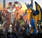  abs anthro balls behemoth89 canid canine countershading dragon dumbbell exercise fox genitals group humanoid_genitalia humanoid_penis male mammal muscular nude penis weight_bench weightlifting weights workout 