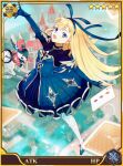  1girl alice_(otogi:spirit_agents) alice_in_wonderland blonde_hair blue_eyes card dress falling hihara_you jewelry long_hair long_sleeves looking_at_viewer necklace official_art open_mouth otogi:spirit_agents playing_card rabbit second-party_source solo star_(symbol) teeth 