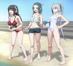  3girls ahoge alternate_costume asashimo_(kancolle) ball barefoot beach beachball bikini black_hair black_shorts blue_sky blurry blurry_background breasts casual_one-piece_swimsuit cleavage colored_inner_hair commentary_request covered_navel day food forehead frilled_swimsuit frills fruit full_body gradient_hair green_hair grey_eyes grey_hair hair_down hair_over_one_eye hair_ribbon half_updo hand_on_hip highleg highleg_swimsuit kantai_collection large_breasts long_hair medium_breasts medium_hair multicolored_hair multiple_girls naganami_(kancolle) naganami_kai_ni_(kancolle) nikku_(nzaf5832) official_alternate_costume one-piece_swimsuit outdoors pink_hair ponytail ribbon sharp_teeth short_shorts shorts sky small_breasts suzunami_(kancolle) swimsuit teeth two-tone_hair watermelon white_bikini white_hair white_ribbon white_swimsuit yellow_eyes 