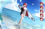  1girl artist_request azur_lane bird blush breasts choker cleavage closed_eyes commentary_request expressions jacket large_breasts official_art one-piece_swimsuit red_eyes red_hair seagull short_hair skindentation smile surfboard swimsuit thigh_strap weser_(azur_lane) weser_(wave-washed_paradise)_(azur_lane) 