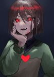  1other bangs blood blood_on_face brown_hair chara_(undertale) chikuwaseijin collared_shirt evil_smile hand_on_own_cheek hand_on_own_face heart highres long_sleeves open_mouth red_eyes shirt short_hair smile solo striped striped_sweater sweater undertale v-shaped_eyebrows 