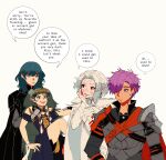  1boy 1other 2girls armor artist_request arval_(fire_emblem) bangs breasts byleth_(fire_emblem) byleth_(fire_emblem)_(female) cape cleavage closed_mouth fire_emblem fire_emblem:_three_houses fire_emblem_warriors:_three_hopes gloves green_hair hair_ornament hair_over_one_eye highres long_hair long_sleeves medium_hair multiple_girls purple_eyes purple_hair red_eyes shez_(fire_emblem) shez_(fire_emblem)_(male) short_hair simple_background smile sothis_(fire_emblem) white_hair 
