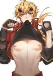  1boy abs blonde_hair clothes_lift genshin_impact green_eyes headband highres jacket male_focus mouth_hold muscular muscular_male navel nipples open_clothes open_shirt pants red_jacket red_pants shirt_lift short_hair thoma_(genshin_impact) winleep 