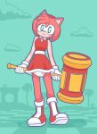  amy_rose anthro baggashame blush bottomwear clothing cloud diaper eulipotyphlan female footwear green_hill_zone hammer hedgehog hi_res looking_at_viewer mammal sega shoes skirt smile solo sonic_the_hedgehog_(series) standing tools 
