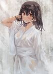  1girl black_hair blush breasts brown_eyes character_request check_character closed_mouth cowboy_shot hair_between_eyes japanese_clothes kantai_collection kimono long_sleeves medium_hair outdoors sendai_(kancolle) small_breasts smile solo toka_(marchlizard) upper_body water waterfall wet wet_clothes wet_hair wet_kimono white_kimono wide_sleeves 