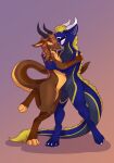  anthro arch_(goodornot) blonde_hair blue_body blue_fur brown_body brown_fur brown_hair digitigrade dragon duo embrace eyes_closed fur furred_dragon hair hi_res hug male open_mouth simple_background smile stupidshepherd yellow_eyes 
