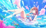  1girl :o air_bubble angelfish bangs bare_legs barefoot blue_sky blue_swimsuit bow bracelet breasts brown_hair bubble caustics chain choker clenched_hand cloud cloudy_sky clover_print collarbone colorful_palette coral_reef day dot_nose fingernails fish fish_hair_ornament fisheye frilled_swimsuit frills full_body glint grey_eyes hair_behind_ear hair_ornament hanasato_minori heart heart_bracelet heart_choker highres holding innertube jewelry knees_together_feet_apart lens_flare looking_afar medium_breasts medium_hair necklace ocean official_art open_mouth outdoors partially_underwater_shot pearl_bracelet pearl_hair_ornament plaid plaid_scrunchie plaid_swimsuit project_sekai red_choker scrunchie seashell shallow_water shell shell_hair_ornament single_horizontal_stripe sky solo striped striped_bow swept_bangs swimsuit thigh_strap waist_bow water wrist_scrunchie 