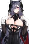 1girl august_von_parseval_(azur_lane) azur_lane between_breasts black_horns blue_eyes blue_hair breasts clothing_cutout cross cross-laced_dress curled_horns gloves hair_over_one_eye hair_ribbon hand_on_own_chest highres horns iron_cross large_breasts long_hair raitho ribbon strap_between_breasts two-tone_dress underboob_cutout upper_body white_gloves 