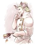  1boy :q apron baotorda bara blonde_hair chef_hat chef_uniform cooking draph fire food food_on_face from_side frying_pan granblue_fantasy hat horns male_focus mature_male muscular muscular_male norazo pectorals pointy_ears short_hair sideburns sleeves_rolled_up solo tongue tongue_out 