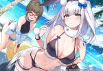  2girls bare_shoulders beach bikini black_bikini black_swimsuit blue_nails bow breasts brown_hair character_request cleavage day dutch_angle fur_collar glasses hair_bow hair_bun halterneck hands_up hisen_kaede jacket large_breasts long_hair looking_at_viewer mahjong_soul multi-strapped_bikini multiple_girls nail_polish navel ocean official_art one-piece_swimsuit open_clothes open_jacket open_mouth outdoors parted_lips red-framed_eyewear see-through shawl sidelocks smile stomach string_bikini swimsuit thigh_strap thighs wet white_hair white_jacket yellow_eyes 