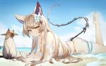  1girl absurdres animal animal_ears beach bikini bikini_under_clothes breasts cat cat_ears character_request commission copyright_request dress flower hair_flower hair_ornament highres light_brown_hair looking_at_viewer lying ocean on_stomach pixiv_request seashell see-through see-through_dress shell skeletal_tail swimsuit tail the_pose virtual_youtuber wazd0183 yellow_eyes 