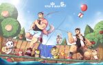  3boys absurdres alca_(wakatanka4) animal_crossing animal_ears bara beard black_hair blue_shorts character_request crossover facial_hair from_below grey_shorts gyee highres kyle_(tudo_yi) leg_up lion_boy lion_ears lion_tail male_focus mature_male multiple_boys muscular muscular_male original shoes short_hair shorts sideburns sneakers tail thick_eyebrows thick_thighs thighs tree tudo_yi water wolf_ears wolf_tail 