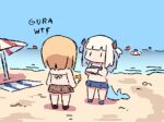  2girls beach beach_towel beach_umbrella blonde_hair chibi day english_commentary fish_tail from_behind full_body gawr_gura hololive hololive_english multiple_girls outdoors sand shark_tail standing tail towel two_side_up umbrella watson_amelia wersman white_hair 