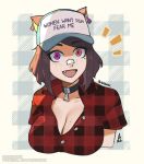  1girl animal_collar animal_ears ascari_megane_(aurahack) aurahack avatar_(ff14) bandaid bandaid_on_face bandaid_on_nose bangs baseball_cap breasts brown_hair cat_ears cleavage clothes_writing collar collarbone collared_shirt earrings ears_through_headwear english_commentary fang final_fantasy final_fantasy_xiv freckles hat heterochromia highres jewelry large_breasts looking_at_viewer medium_hair miqo&#039;te mole mole_on_breast mole_on_collarbone mole_under_eye multiple_moles open_mouth partially_unbuttoned plaid plaid_shirt purple_eyes red_eyes red_shirt shirt solo swept_bangs triangle_earrings upper_body 