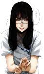  1girl :d black_hair braces dress glasses grey_eyes highres hoshi_san_3 leaning_forward long_hair looking_at_viewer nurse open_mouth original round_eyewear short_sleeves simple_background smile solo translation_request white_background white_dress yamifuka-san_(hoshi_san_3) 