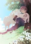  1boy :d animal bag boots bottle bravely_default:_brilliant_lights bravely_default:_flying_fairy bravely_default_(series) brown_eyes brown_hair dappled_sunlight day flower gloves grass highres knee_up koa_tcbs long_sleeves male_focus on_grass on_ground one_eye_closed open_mouth outdoors satchel sheep short_hair sitting sky smile solo sunlight sword tiz_arrior tree under_tree weapon 