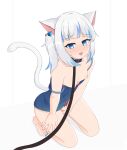  1girl absurdres alternate_costume amrb animal_collar animal_ear_fluff animal_ears bangs bare_shoulders blue_eyes blush breast_slip breasts breasts_out cat_ears cat_girl cat_tail collar collarbone dress embarrassed female_masturbation fingering gawr_gura highres hololive implied_fingering implied_masturbation kemonomimi_mode kneeling leash looking_at_viewer looking_up masturbation multicolored_hair nipple_slip nipples official_alternate_costume open_mouth pet_play simple_background small_breasts solo streaked_hair tail tail_raised virtual_youtuber 