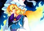  1girl animal_ears blonde_hair fox_ears fox_tail hair_between_eyes hat highres multiple_tails pillow_hat qqqrinkappp short_hair sleeves_past_fingers sleeves_past_wrists solo tabard tail touhou traditional_media upper_body white_headwear wide_sleeves yakumo_ran yellow_eyes 