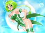  1girl blue_background blush breasts bubble choker cowboy_shot detached_sleeves green_choker green_eyes green_hair highleg hyumasu large_breasts leotard long_hair looking_at_viewer magical_girl medium_hair mew_lettuce midorikawa_lettuce open_mouth puffy_detached_sleeves puffy_sleeves showgirl_skirt smile solo sparkle_background strapless tokyo_mew_mew 