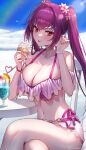  1girl absurdres bangs bikini blush breasts cocktail_glass commentary crazy_straw crossed_legs cup drinking_glass drinking_straw fate/grand_order fate_(series) fingernails flower food food_on_face frilled_bikini frills hair_between_eyes hair_flower hair_intakes hair_ornament heart_straw highres holding holding_food holding_ice_cream ice_cream ice_cream_cone large_breasts long_hair looking_at_viewer off-shoulder_bikini off_shoulder outdoors purple_bikini purple_flower purple_hair purple_nails purple_swimsuit red_eyes scathach_(fate) scathach_skadi_(fate) scathach_skadi_(swimsuit_ruler)_(fate) snow solo swimsuit table tongue tongue_out twintails upper_body white_flower yayoi_maka 