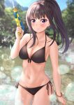  1girl akiyama0818 bead_bracelet beads bikini black_bikini blurry blurry_background blush bracelet breasts closed_mouth collarbone cowboy_shot day highres holding holding_water_gun inoue_takina jewelry long_hair looking_at_viewer lycoris_recoil medium_breasts navel outdoors ponytail purple_eyes side-tie_bikini sidelocks smile solo stomach swimsuit water water_gun wet 