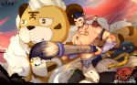 1boy abs absurdres alca_(wakatanka4) alternate_costume animal_ears bara beard black_hair chest_tattoo dailang12345 facial_hair feet_out_of_frame giant_brush highres holding holding_brush jewelry large_pectorals lion_tail looking_to_the_side male_focus mature_male muscular muscular_male navel necklace nipples original paint_splatter paint_splatter_on_face pectorals pelvic_curtain short_hair smile standing stomach tail tattoo thick_eyebrows tiger_ears tiger_tail topless_male undercut 
