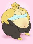  anthro belly big_belly blonde_hair breasts canid canine canis cleavage clothed clothing domestic_dog ear_piercing female fully_clothed fur galacticgoodie hair hi_res hyper hyper_belly looking_at_viewer mammal obese obese_anthro obese_female overweight overweight_anthro overweight_female piercing pink_background simple_background sitting solo sound_effects tan_body tan_fur thick_thighs tongue tongue_out weight_gain 