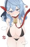  1girl ako_(blue_archive) anger_vein bangs bell blue_archive blue_eyes blue_hair blue_hairband blush breasts cowbell hair_between_eyes hairband highres large_breasts leash looking_at_viewer medium_hair navel neck_bell nk_ym2 red_ribbon ribbon simple_background solo white_background 