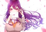  1girl bangs blazer blush breasts collared_shirt covering_mouth doki_doki_literature_club falling_petals hair_ornament hairclip hand_in_own_hair hand_up highres holding holding_letter jacket large_breasts letter long_hair looking_to_the_side love_letter neck_ribbon petals purple_eyes purple_hair ribbon saihara_homare school_uniform shirt solo sweater wind yuri_(doki_doki_literature_club) 