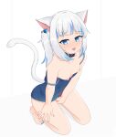  1girl absurdres alternate_costume amrb animal_collar animal_ear_fluff animal_ears bangs bare_shoulders blue_eyes blush breast_slip breasts breasts_out cat_ears cat_girl cat_tail collar collarbone dress embarrassed female_masturbation fingering gawr_gura highres hololive implied_fingering implied_masturbation kemonomimi_mode kneeling looking_at_viewer looking_up masturbation multicolored_hair nipple_slip nipples official_alternate_costume open_mouth pet_play simple_background small_breasts solo streaked_hair tail tail_raised virtual_youtuber 