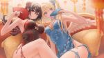  2girls armpits bangs bare_arms black_dress black_hair blonde_hair blue_dress blue_panties blue_ribbon blurry blurry_foreground breasts bun_cover chain_paradox china_dress chinese_clothes cleavage closed_mouth dress hair_between_eyes hair_ribbon hand_fan hand_on_another&#039;s_hip highres holding holding_fan indoors long_hair looking_at_viewer medium_breasts multiple_girls open_mouth panties purple_eyes red_eyes red_ribbon ribbon side_ponytail skindentation sleeveless sleeveless_dress smile thigh_strap tokimaru underwear very_long_hair 