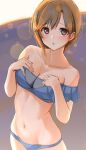  1girl :o aiba_yumi bikini blue_bikini blush breasts brown_hair cleavage collarbone groin highres idolmaster idolmaster_cinderella_girls kaiso_(kaisooekaki) lens_flare looking_at_viewer medium_breasts navel short_hair solo swimsuit 