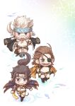  3boys beard brown_hair chibi eugen_(granblue_fantasy) eyepatch facial_hair full_body granblue_fantasy green_eyes hachimaki headband jacket jacket_on_shoulders jin_(granblue_fantasy) long_hair male_focus mature_male medium_hair multiple_boys mustache norazo ponytail scar scar_on_chest scar_on_leg smile soriz walking white_hair wind 