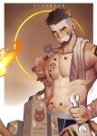  1boy abs alca_(wakatanka4) alternate_muscle_size animal_ears bara beard black_hair black_male_underwear blush briefs bright_pupils chest_tattoo command_spell cowboy_shot dailang12345 ear_piercing facial_hair flustered glowing glowing_eyes gyee highres holding jewelry lion_boy lion_ears lion_tail looking_at_viewer male_focus male_underwear mature_male muscular muscular_male navel necklace nipples original pectorals peeking_out piercing short_hair solo stomach tail tail_raised tattoo thick_eyebrows topless_male undercut underwear underwear_only 