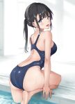  1girl ass bangs bare_shoulders black_eyes black_hair blush breasts competition_swimsuit highres huge_ass large_breasts long_hair looking_at_viewer one-piece_swimsuit open_mouth original pool poolside sidelocks smile solo swimsuit thighs wet wing_(aiastor) 