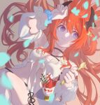  1girl arknights arm_up bangs bikini food highres holding holding_spoon horns ice_cream long_hair looking_at_viewer no_navel purple_eyes red_hair solo spoon stomach surtr_(arknights) surtr_(colorful_wonderland)_(arknights) swimsuit upper_body very_long_hair wubing_sigh_dashi 