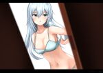  1girl abataa absurdres blue_bra blue_eyes blue_panties bra breasts collarbone dated hair_between_eyes hibiki_(kancolle) highres kantai_collection long_hair navel panties parted_lips peeping signature small_breasts solo underwear upper_body voyeurism white_hair 